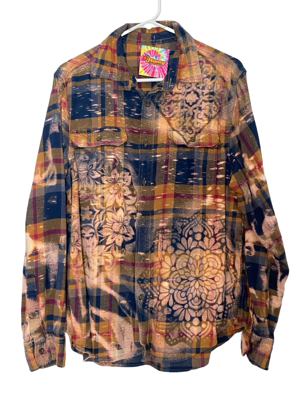 OOAK Custom Flannel Shirt Mens Size Large Unisex Plaid Floral Button Down Multi